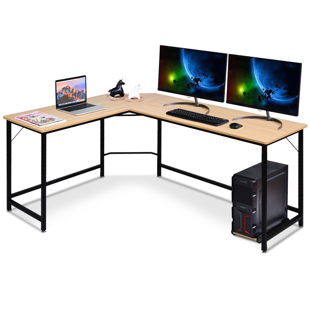 L-shape computer desk PC corner desk angle desk black/natural 168 x 125 x 74 cm-natural