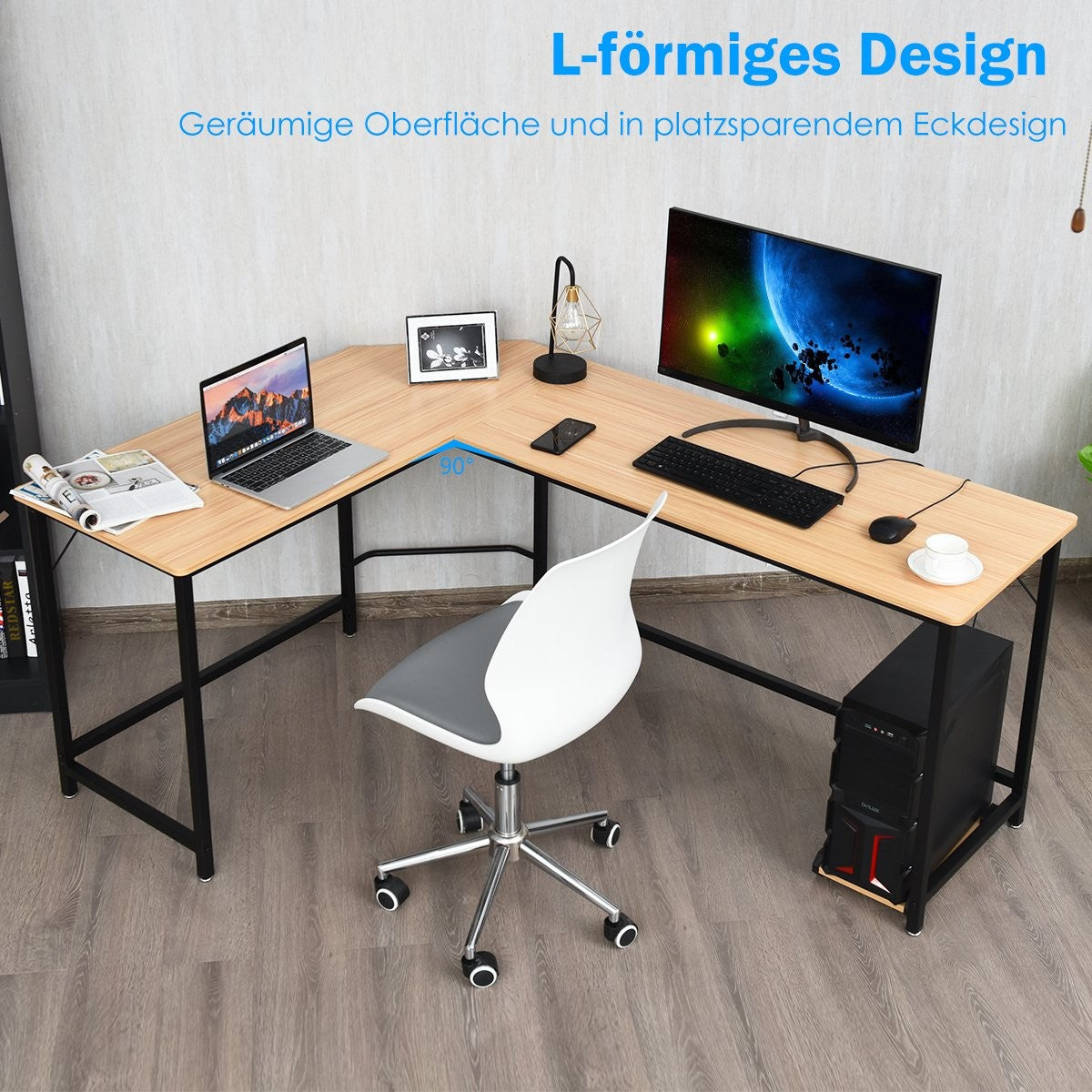 L-shape computer desk PC corner desk angle desk black/natural 168 x 125 x 74 cm-natural