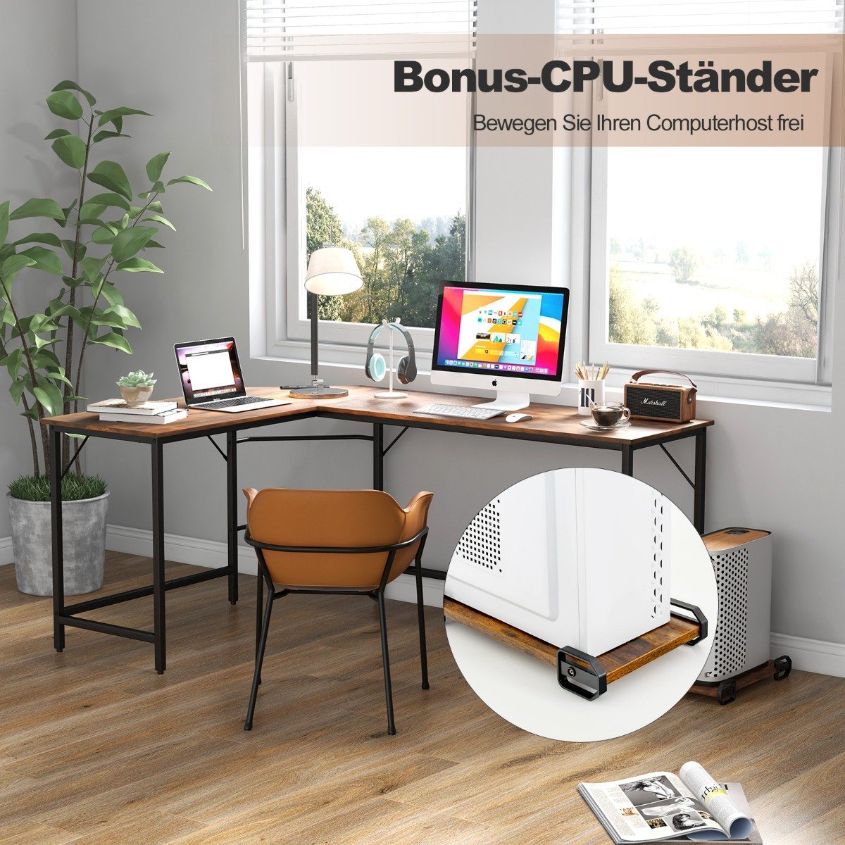 L-shaped computer desk with power outlet & CPU Stand & Robust metal frame corner desk brown