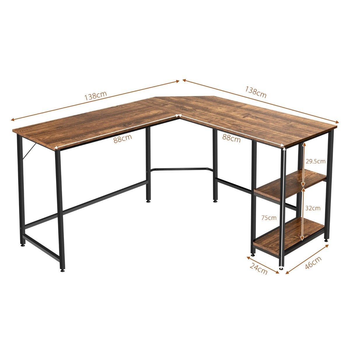L-shaped desk home office desk with 2 shelves 138 x 138 x 75.5 cm coffee brown + black