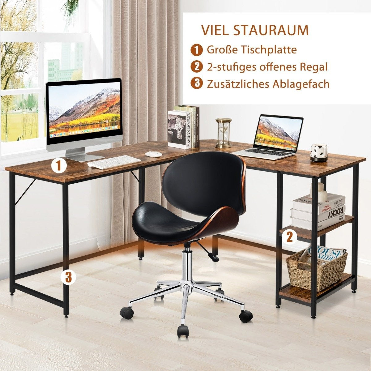 L-shaped desk home office desk with 2 shelves 138 x 138 x 75.5 cm coffee brown + black