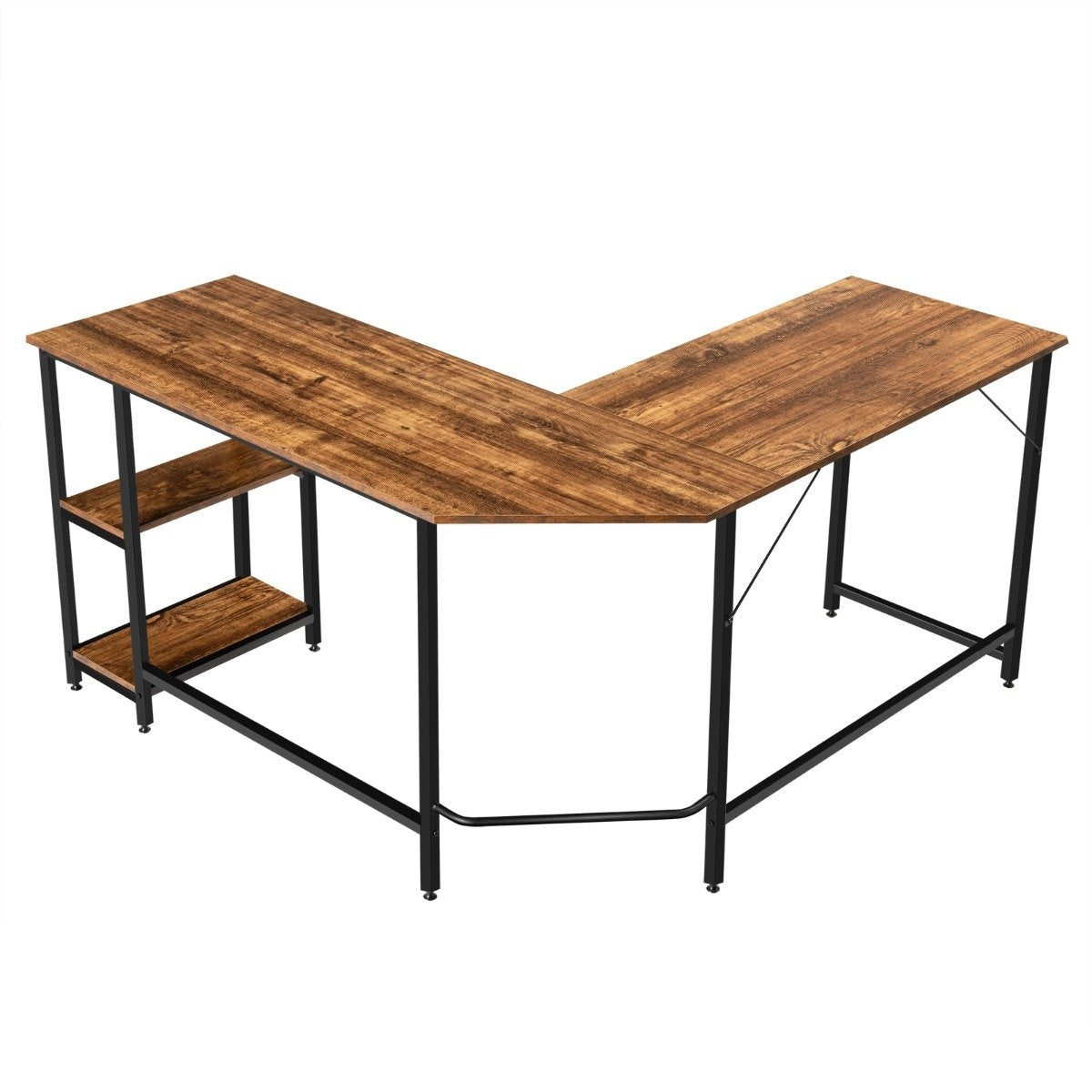 L-shaped desk home office desk with 2 shelves 138 x 138 x 75.5 cm coffee brown + black