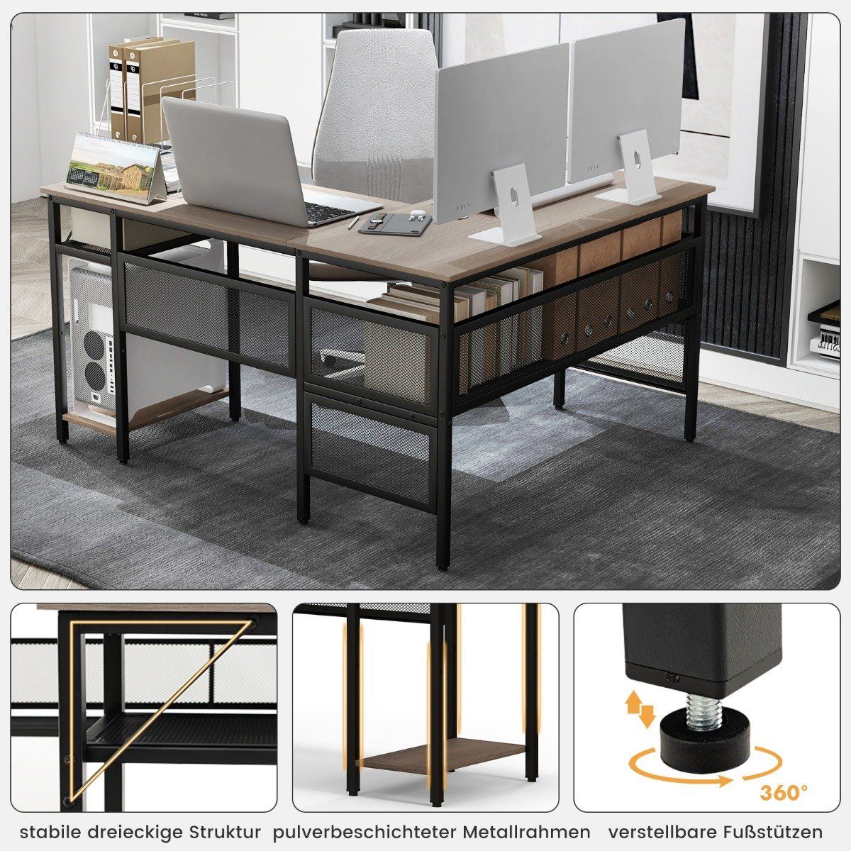 L-shaped desk with charging station reversible corner desk with mesh shelves & CPU stand