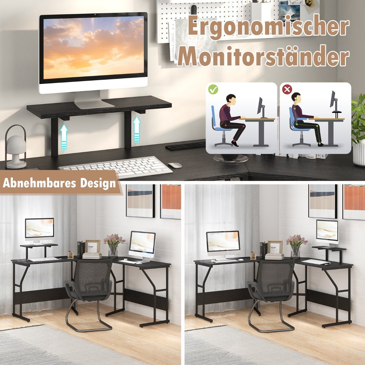 L-shaped desk with power outlet & Movable monitor stand corner computer desk black