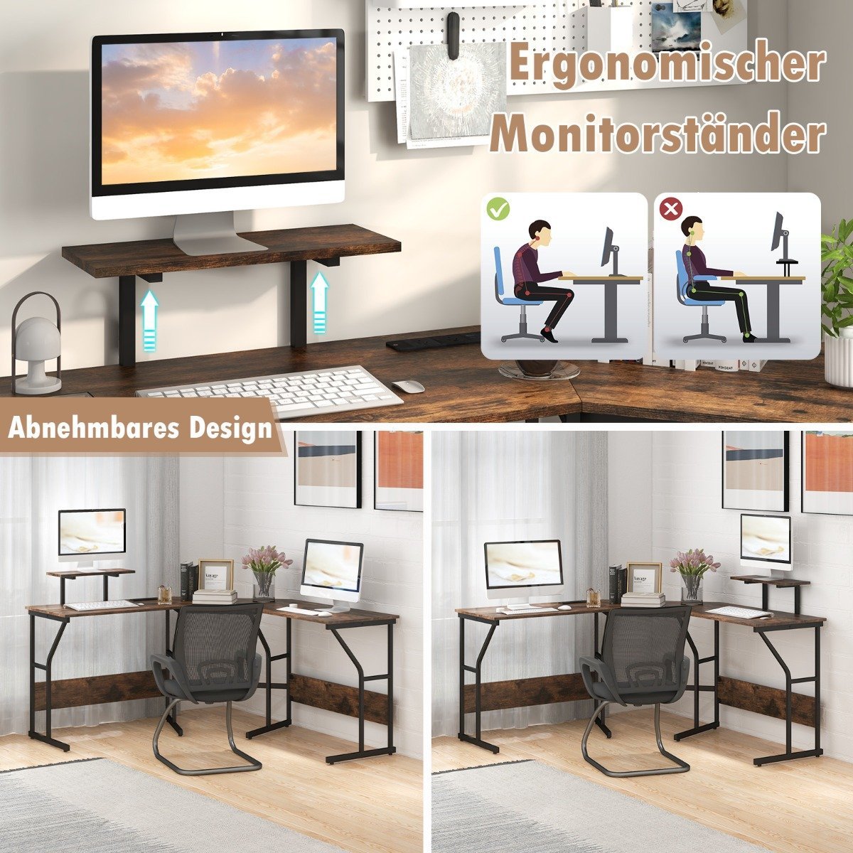 L-shaped desk with power outlet & Movable monitor stand corner computer table brown