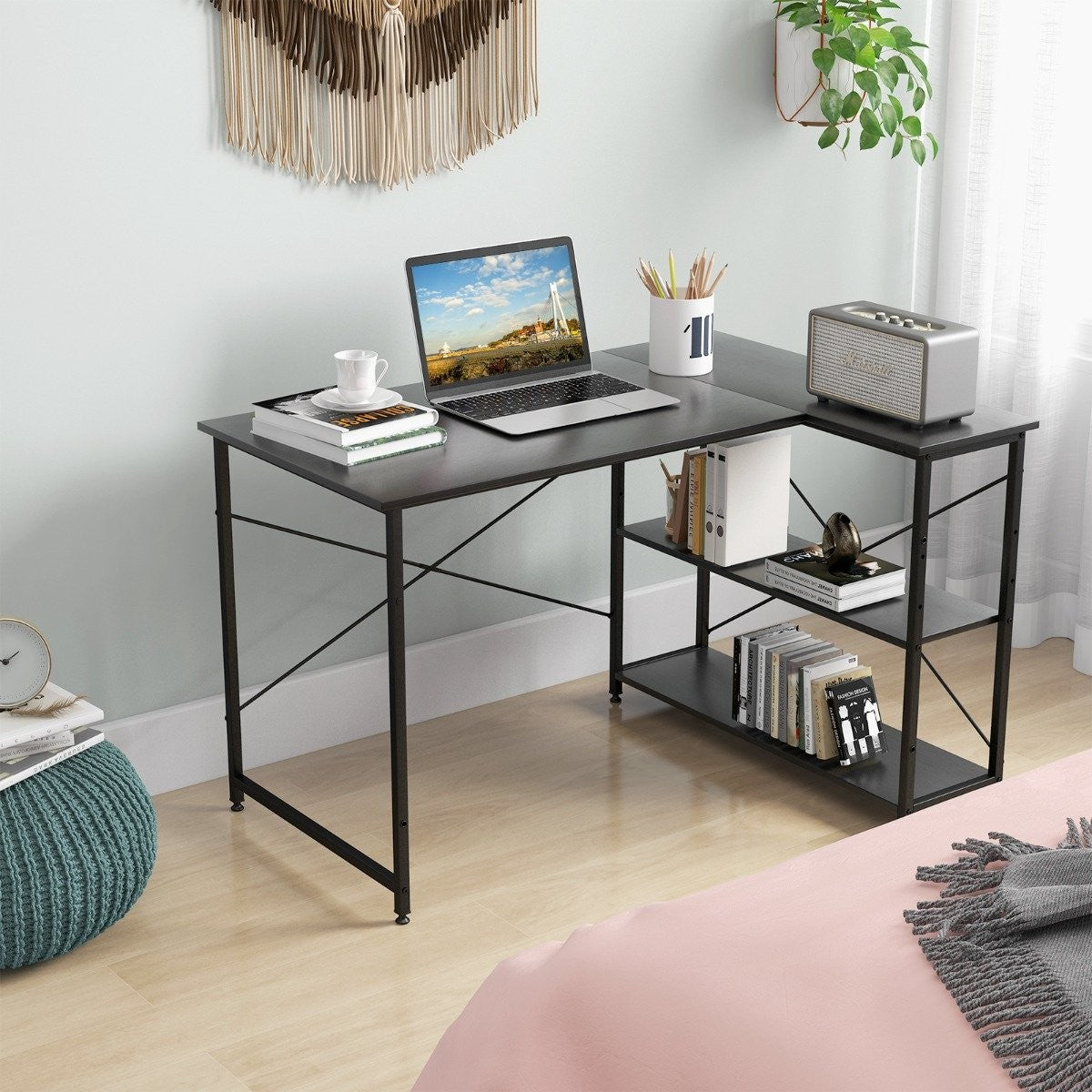 L-shape desk corner computer table with storage compartments office table 120 x 88 x 74.5 cm black