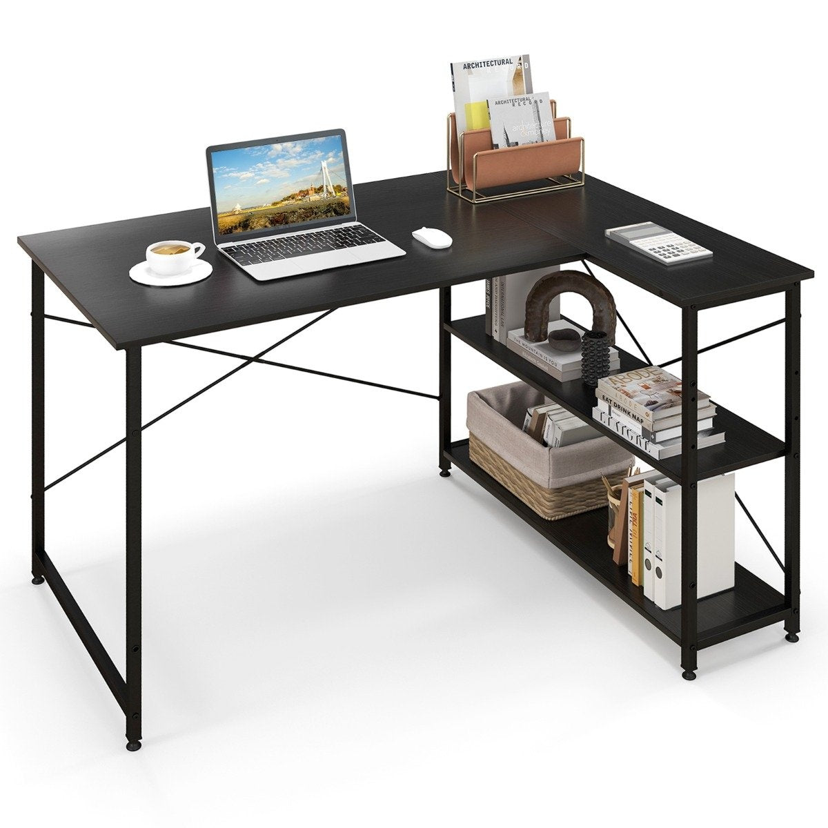 L-shape desk corner computer table with storage compartments office table 120 x 88 x 74.5 cm black
