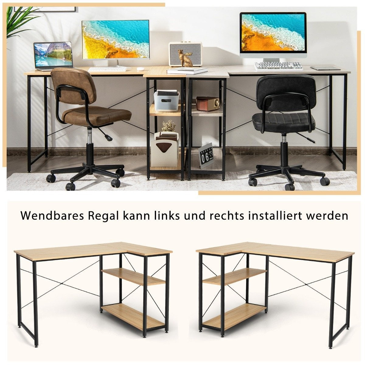 L-shape desk corner computer table with storage compartments office table 120 x 88 x 74.5 cm natural