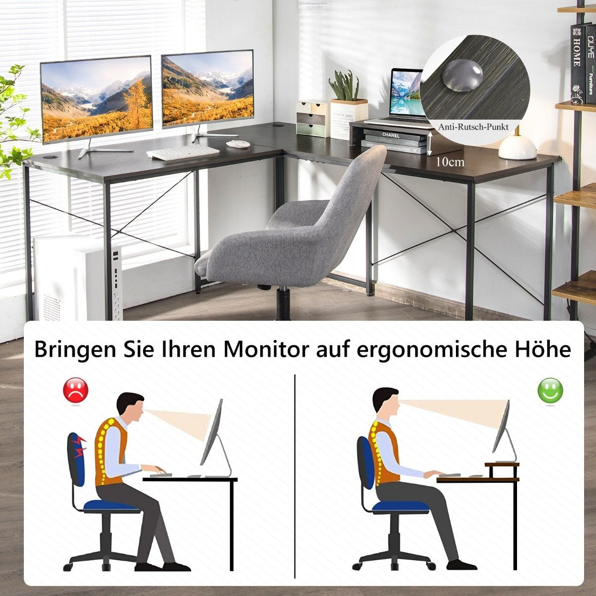 L-shape desk with monitor stand & 3 cable holes reversible corner desk brown