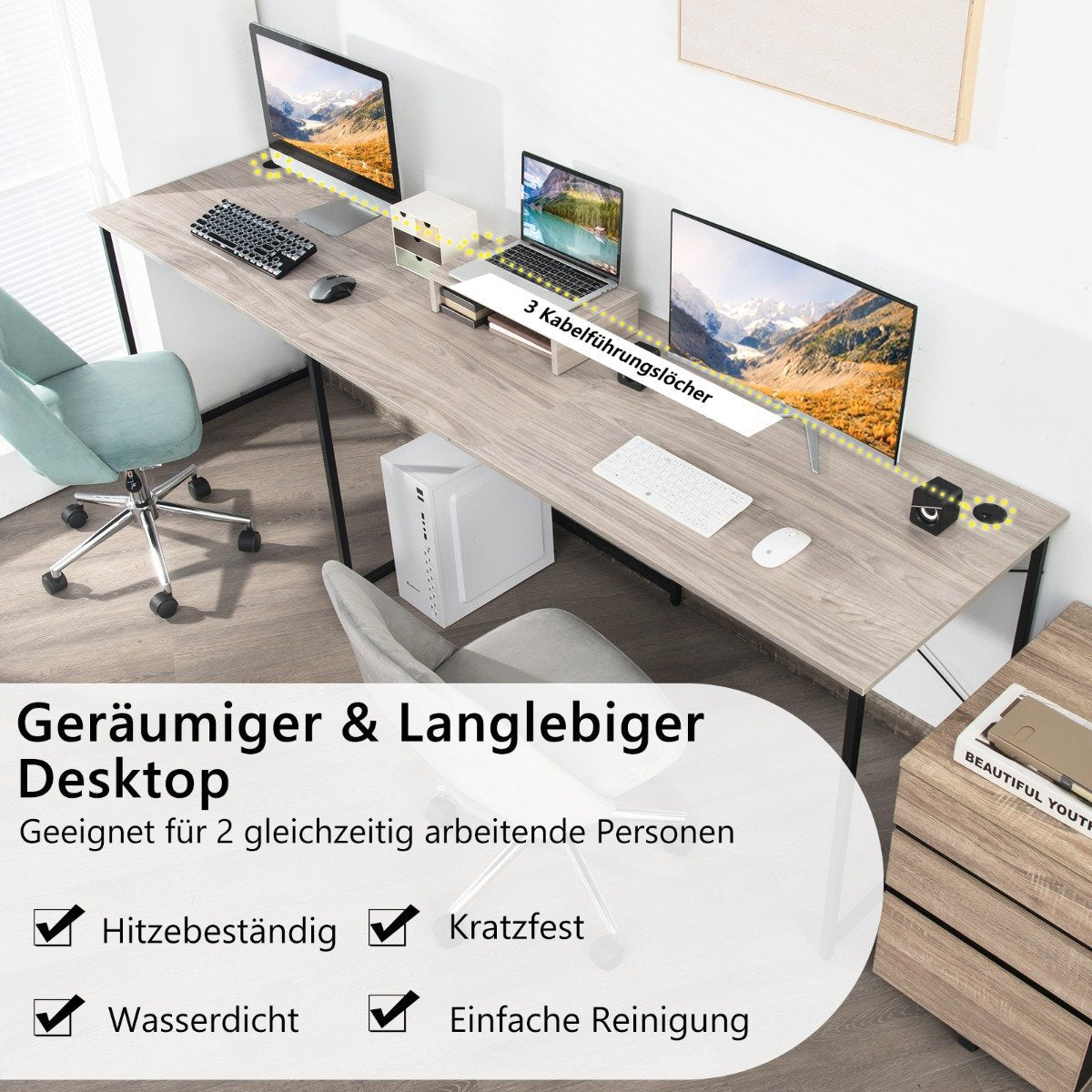 L-shape desk with monitor stand & 3 cable holes reversible corner desk light gray