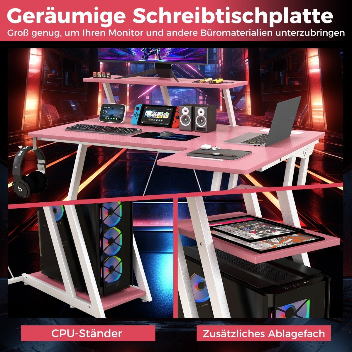 L-shaped gaming desk with power outlets & USB ports with monitor shelf computer desk - pink