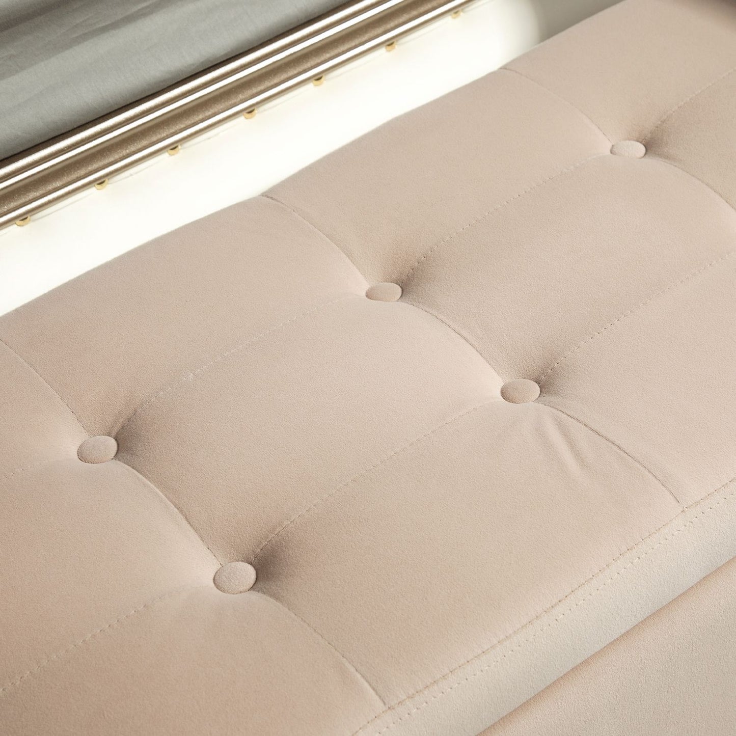 Beige upholstered storage bench with armrests - velvet finish
