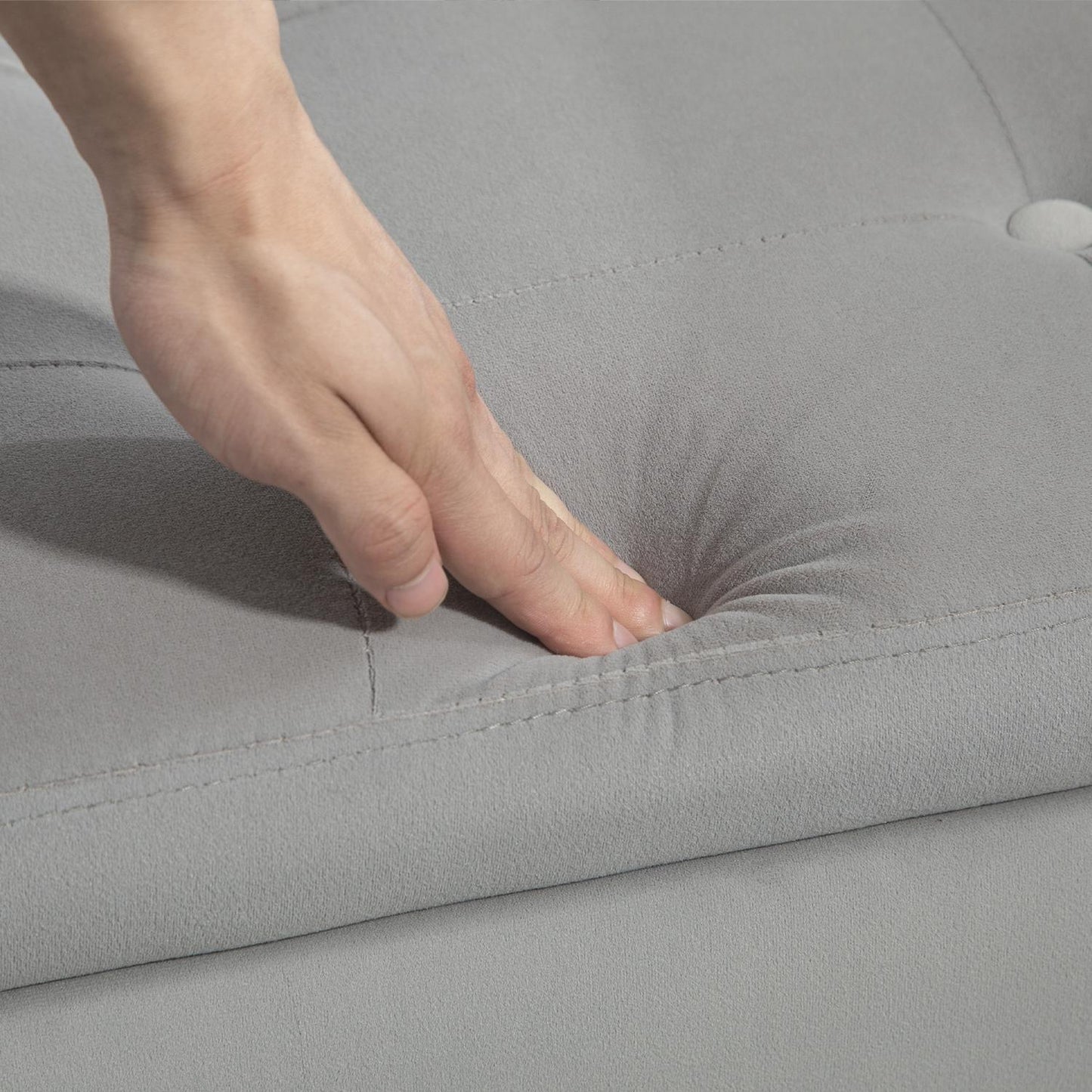 Luxuriously upholstered storage bench, armrests, light grey