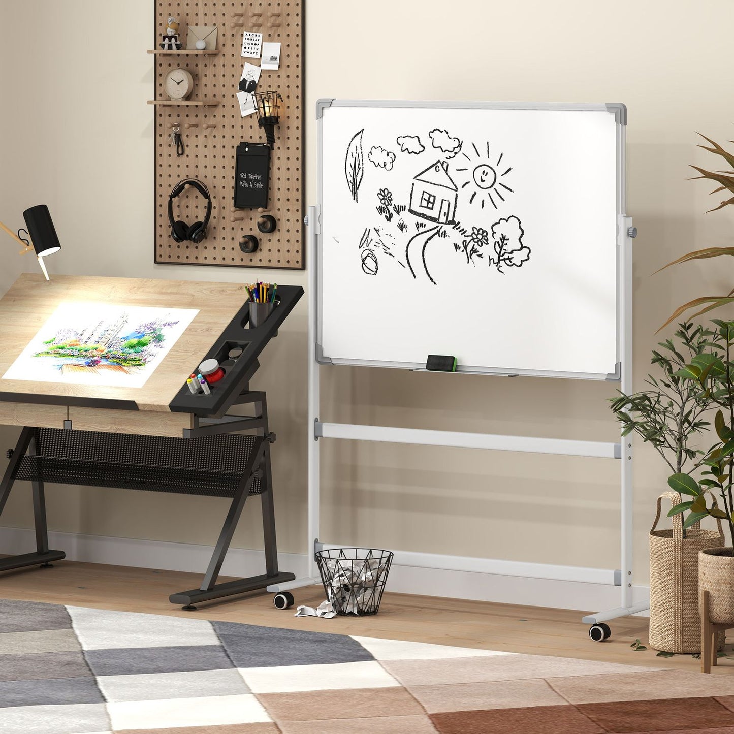 Double-sided whiteboard 120x90 cm with stand & wheels