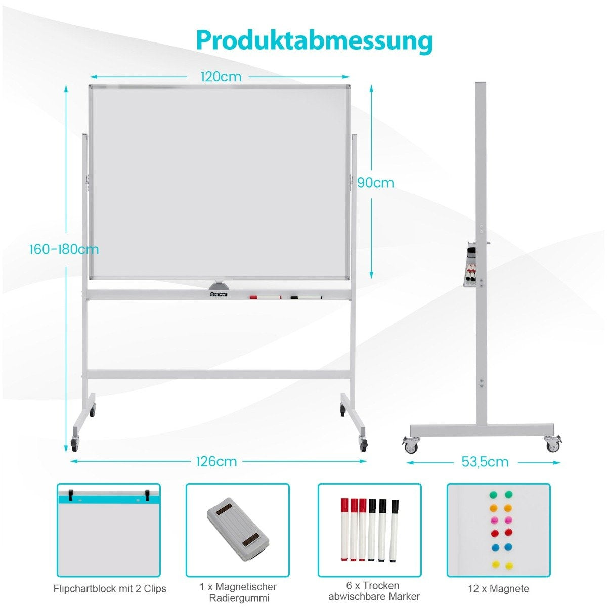 Magnetic double-sided whiteboard with wheels for the classroom in the office and at home