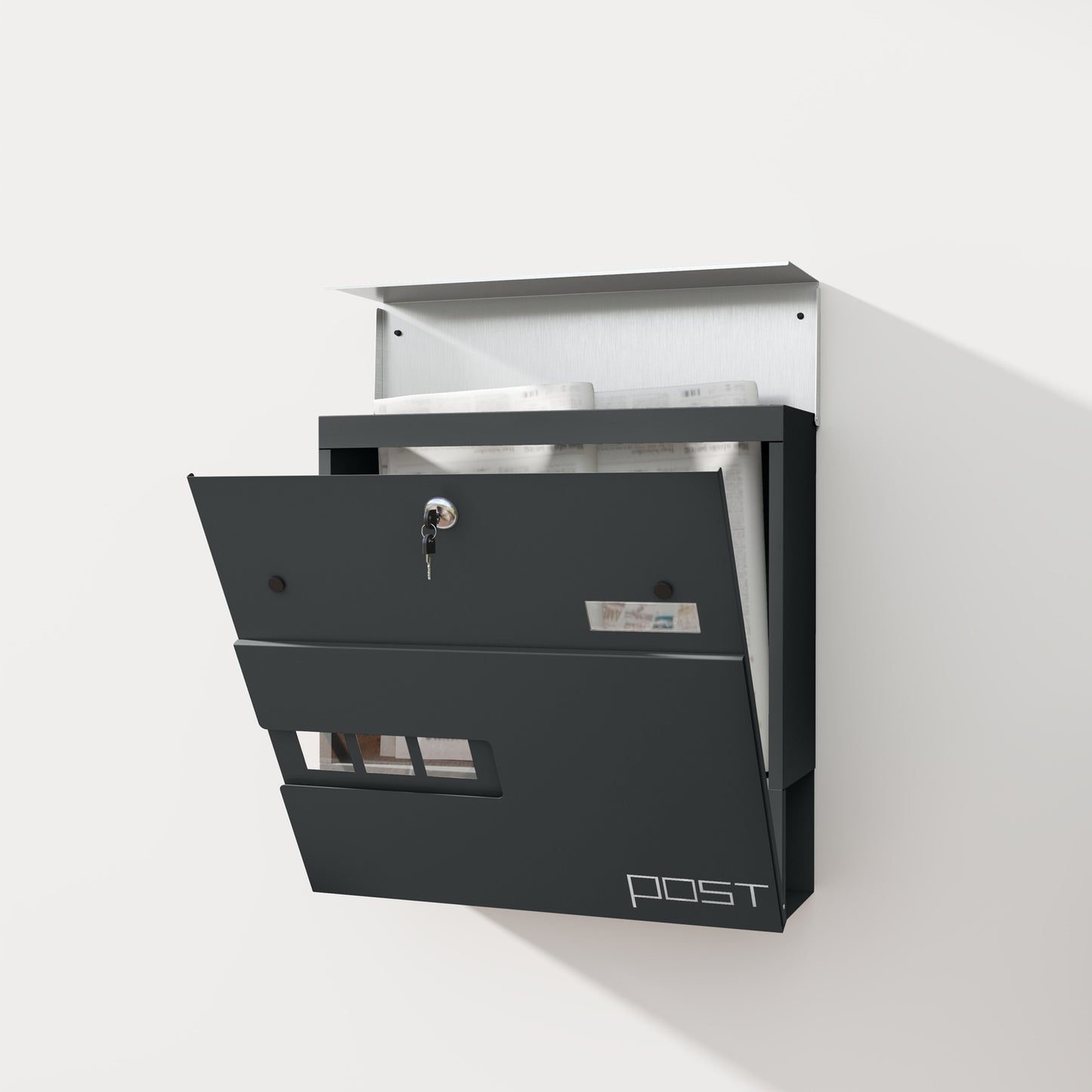 Steel wall mailbox with lock & viewing window, dark grey