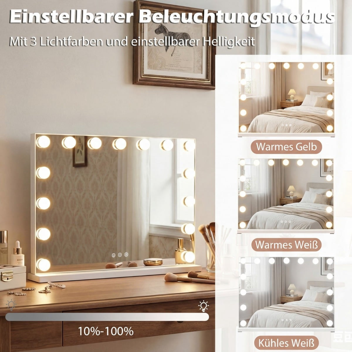 Makeup Mirror with 3 Light Colors, Adjustable Brightness