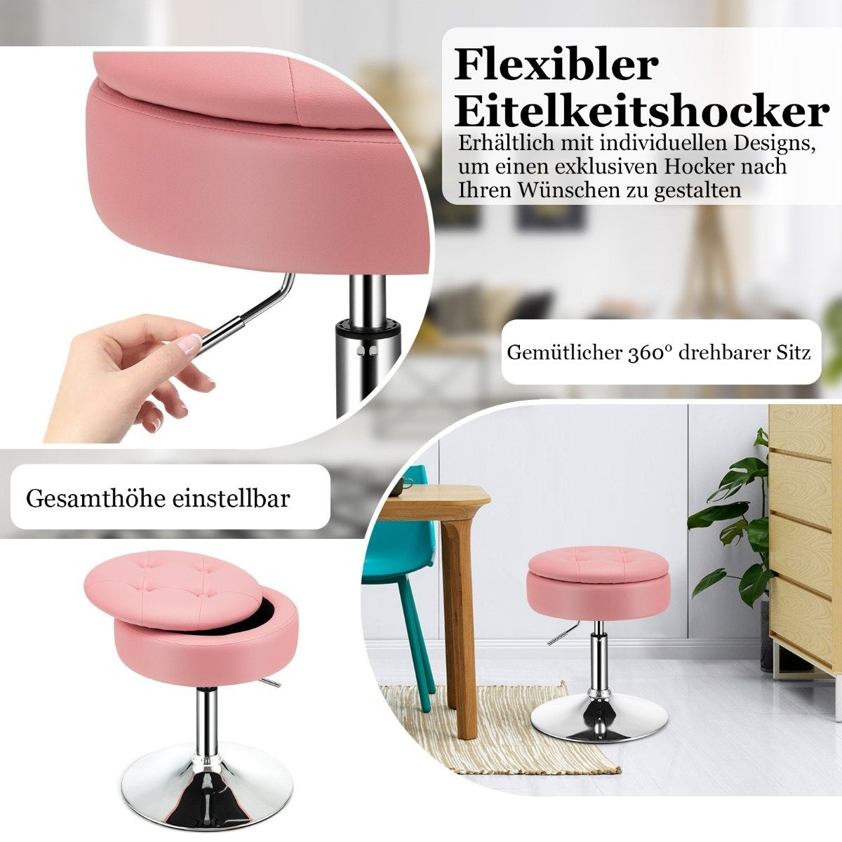 Makeup stool with storage space 360° rotating stool made of faux leather pink