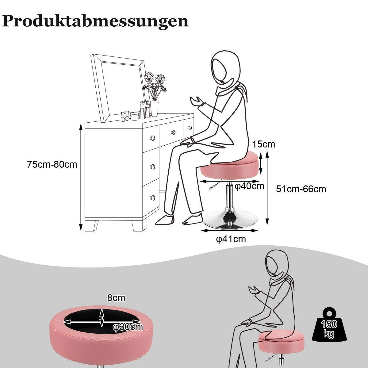 Makeup stool with storage space 360° rotating stool made of faux leather pink