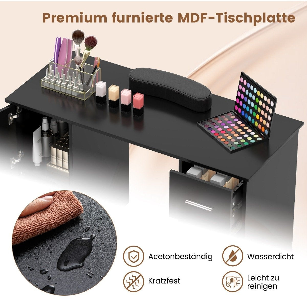 Manicure table with drawers cabinets & Wrist rest manicure table black