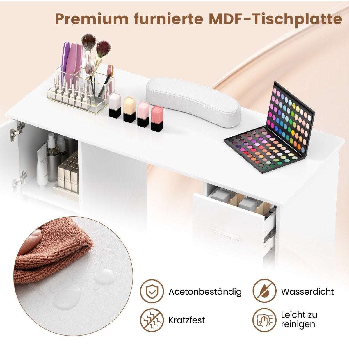 Manicure table with drawers cabinets & Wrist rest manicure table white
