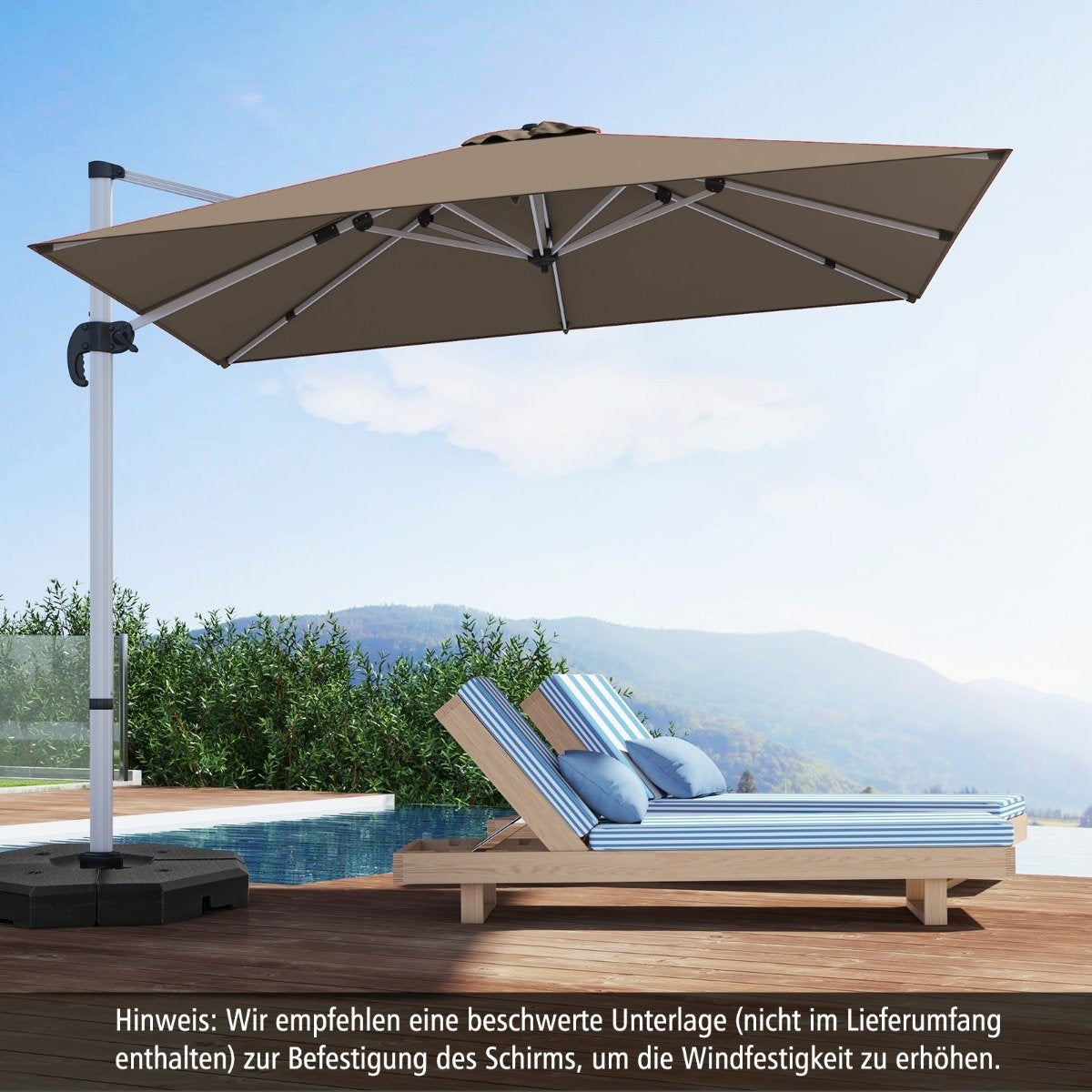Market umbrella with crank & 360° rotation for garden and pool areas 300 x 300 cm brown