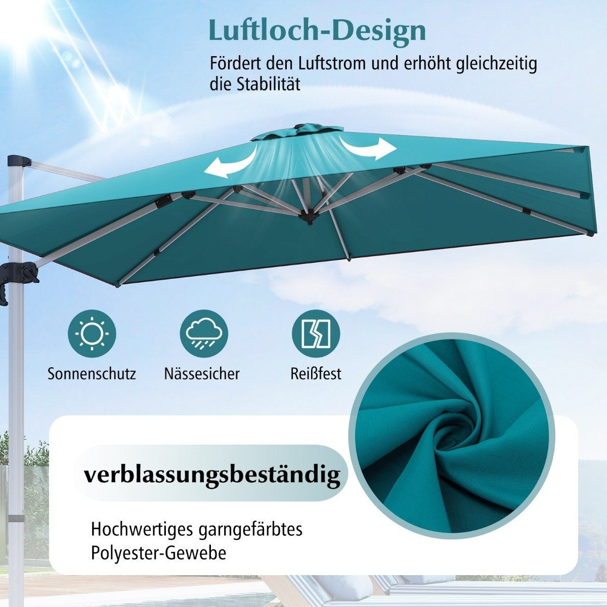 Market umbrella with cross base & 360° rotation for garden and pool areas 300 x 300 cm blue