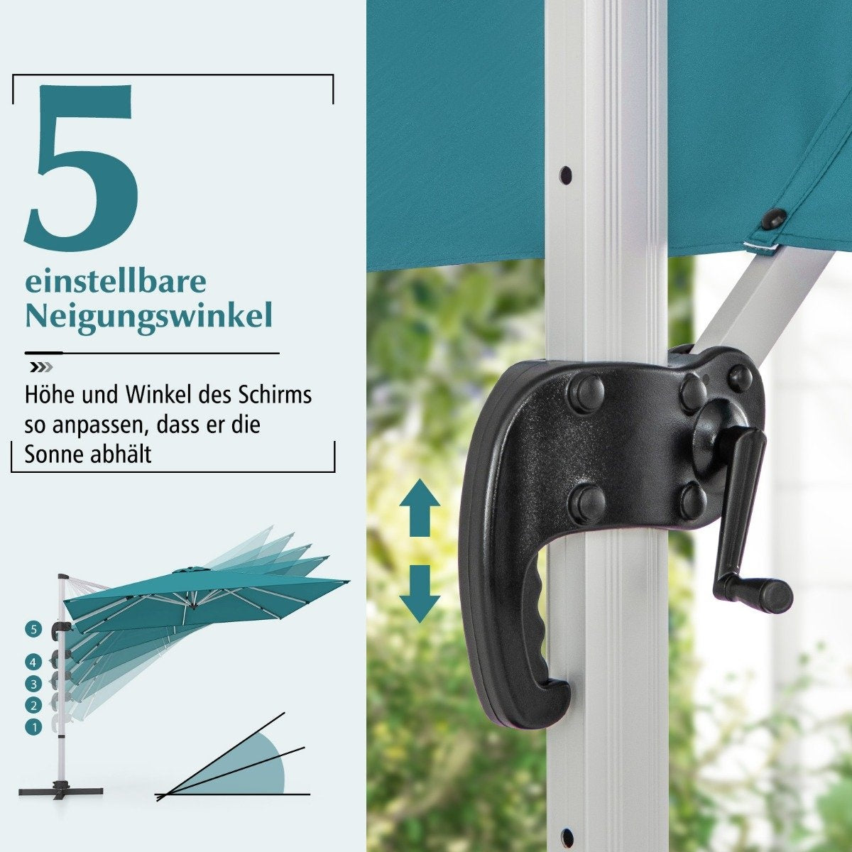 Market umbrella with cross base & 360° rotation for garden and pool areas 300 x 300 cm blue