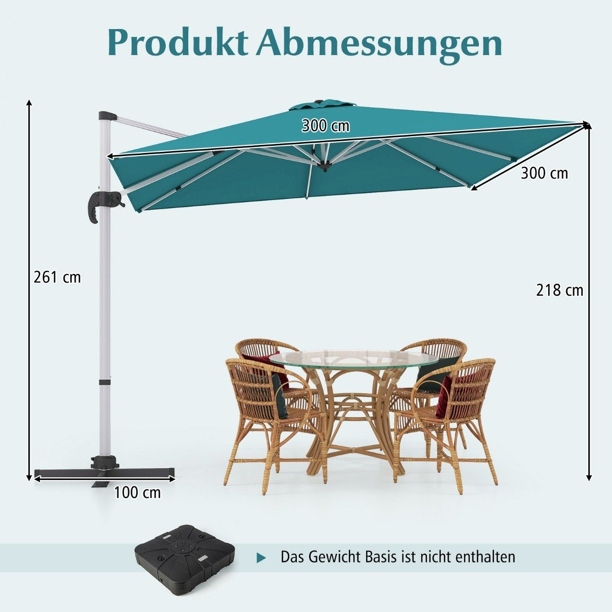 Market umbrella with cross base & 360° rotation for garden and pool areas 300 x 300 cm blue