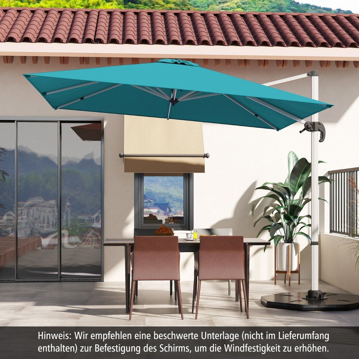 Market umbrella with cross base & 360° rotation for garden and pool areas 300 x 300 cm blue