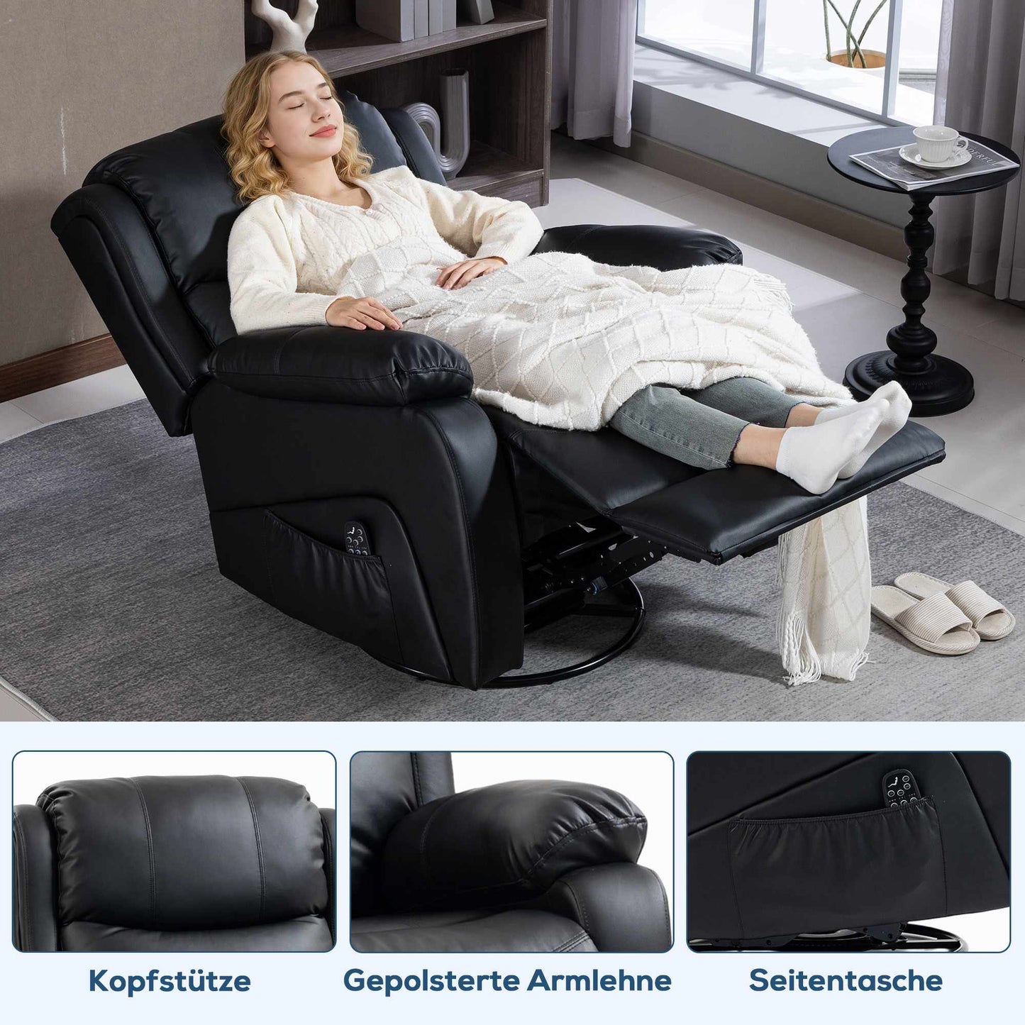 Massage Chair with Heat, Recline, Faux Leather, Black
