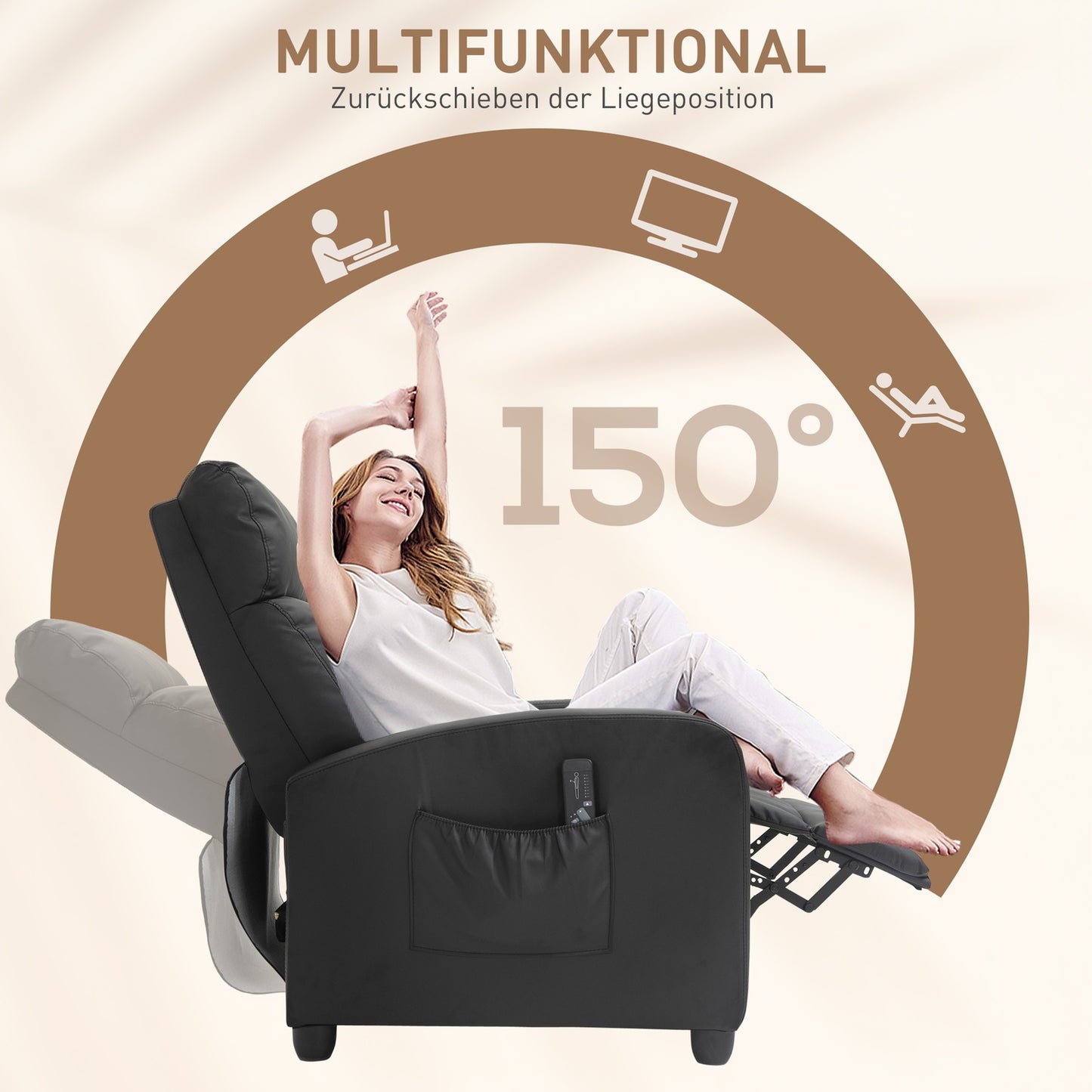 Reclining massage and relaxation chair, black PU foam