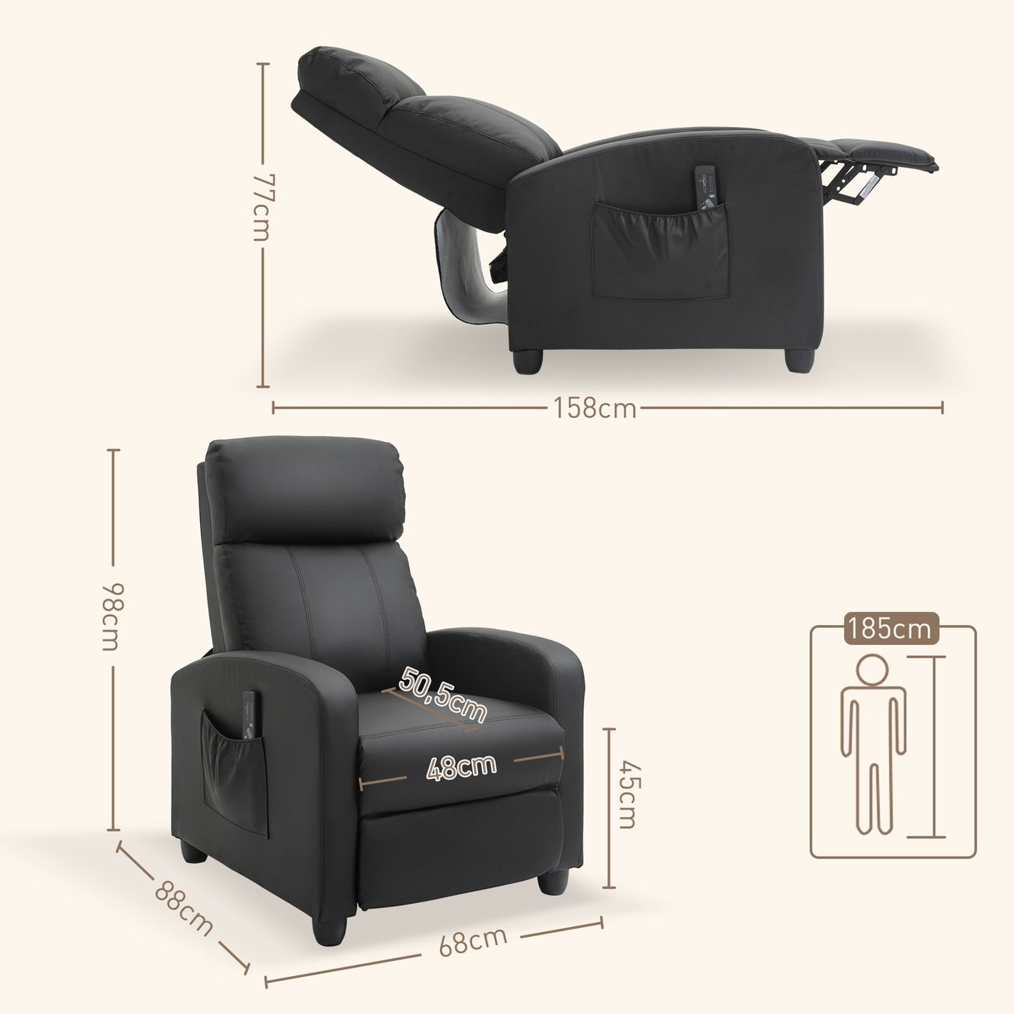 Reclining massage and relaxation chair, black PU foam