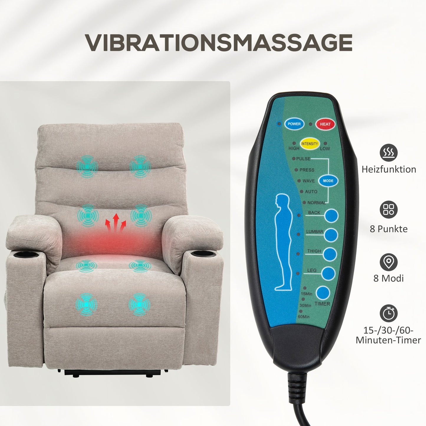 Massage chair with stand-up function, 8 vibration massage points, electric upholstered chair with 2 remote controls, light brown
