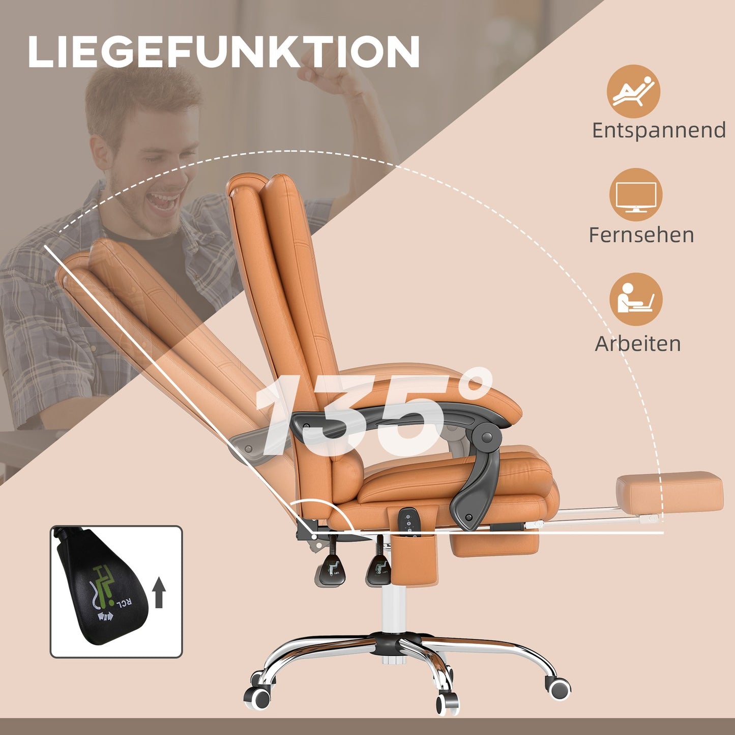 Massage office chair, desk chair with heating function, swivel chair, reclining function, height-adjustable PC chair, light brown