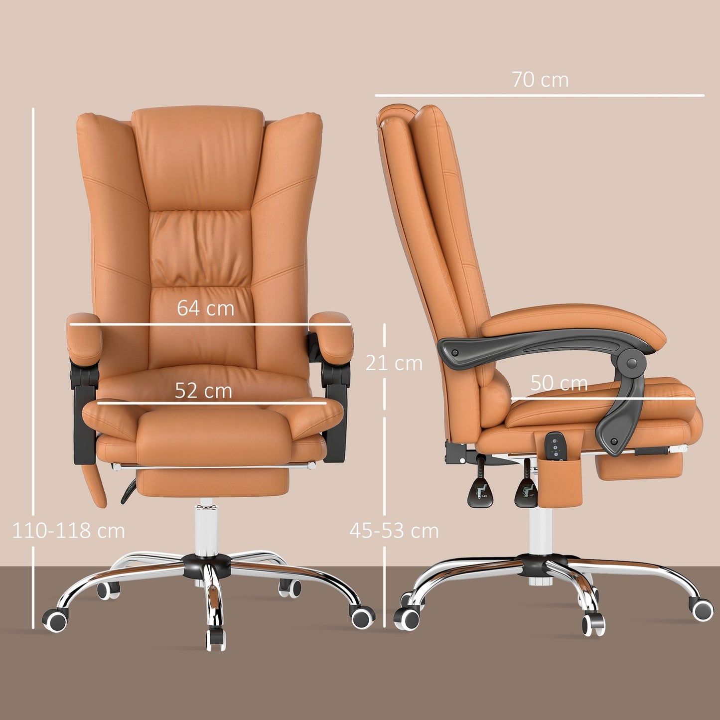 Massage office chair, desk chair with heating function, swivel chair, reclining function, height-adjustable PC chair, light brown