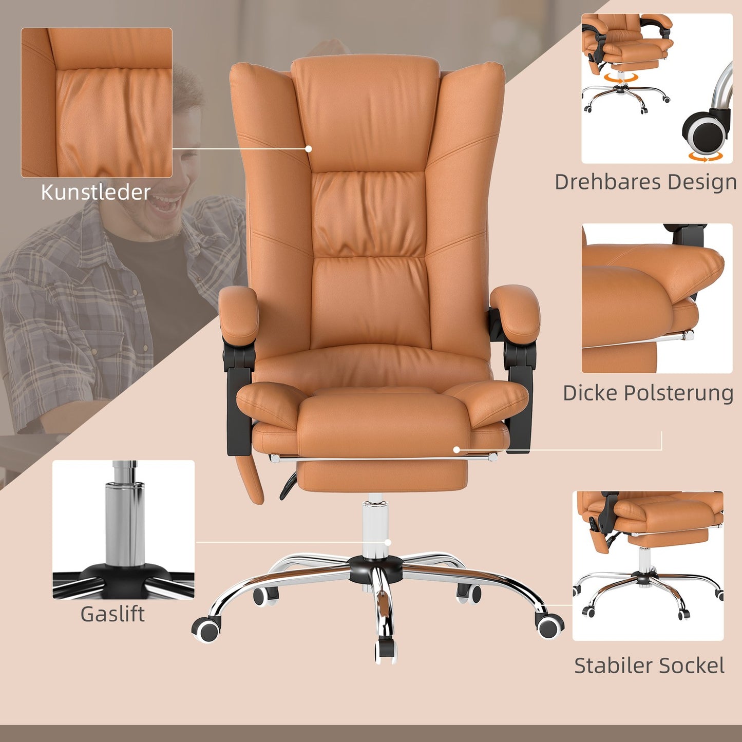 Massage office chair, desk chair with heating function, swivel chair, reclining function, height-adjustable PC chair, light brown