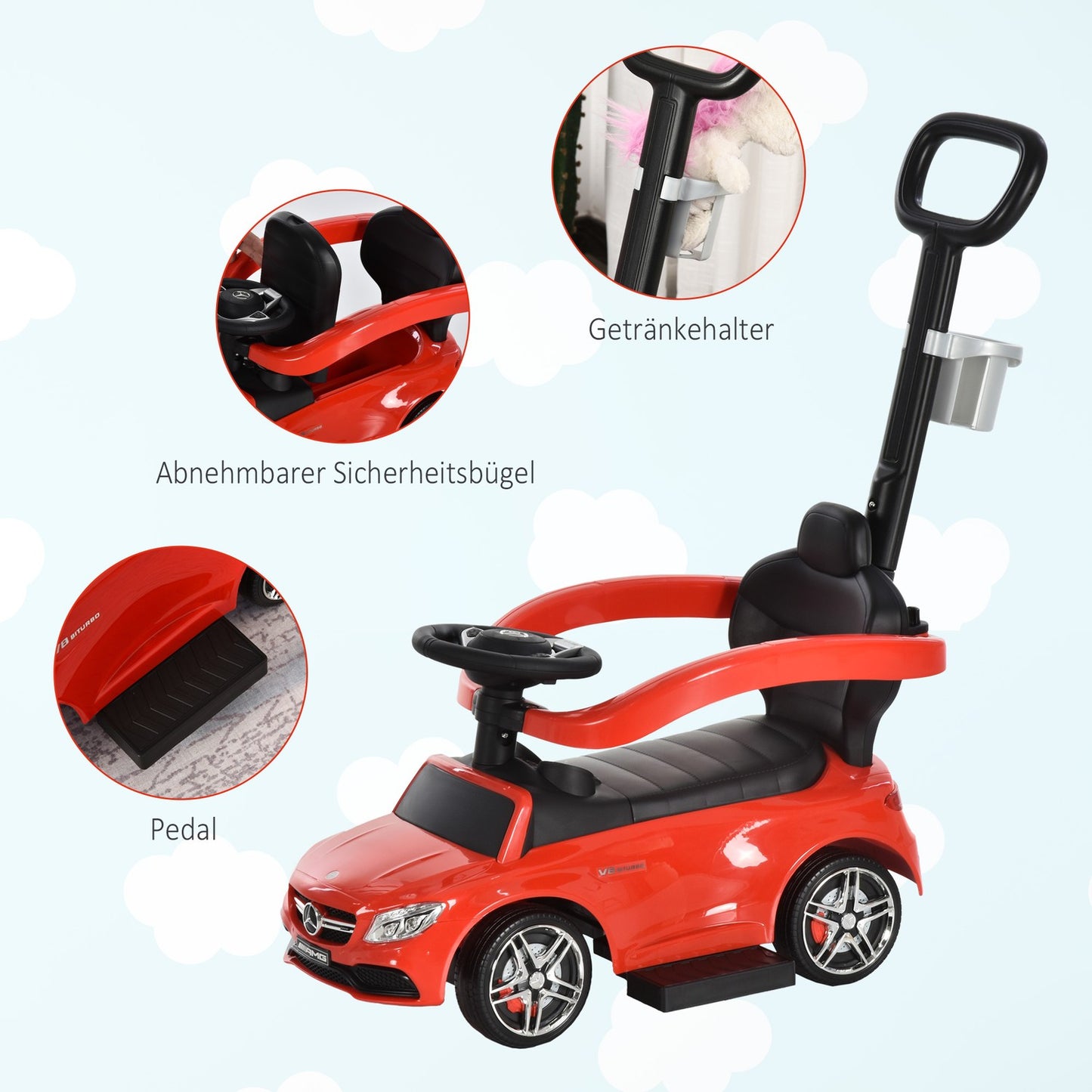 Ride-on children's car with push handle and backrest