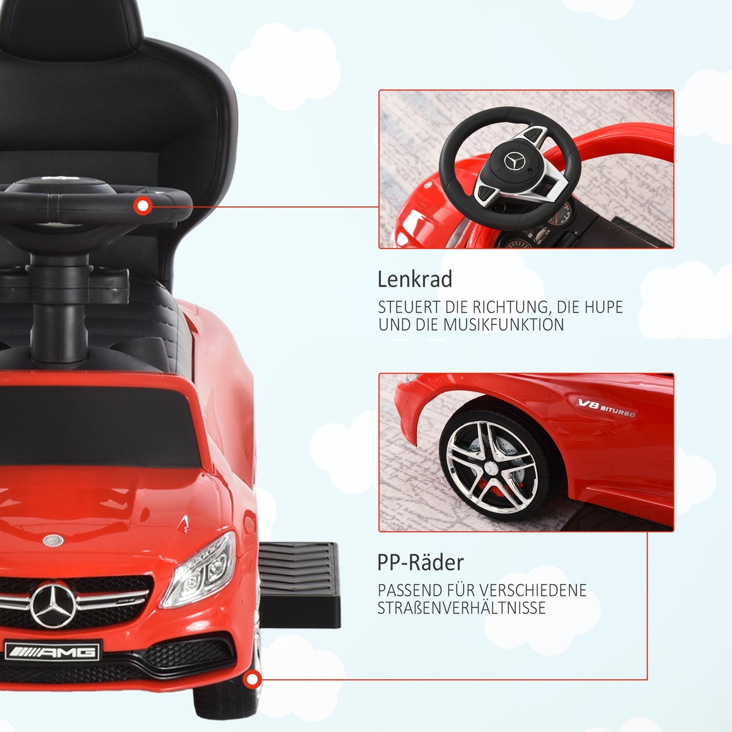 Ride-on children's car with push handle and backrest