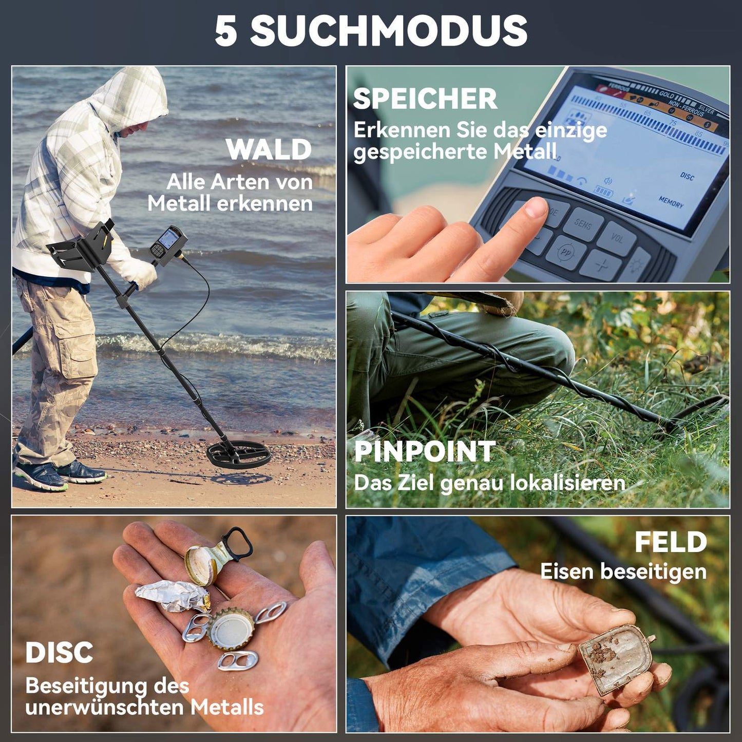 Portable metal detector for adults, 5 modes, waterproof, LCD screen