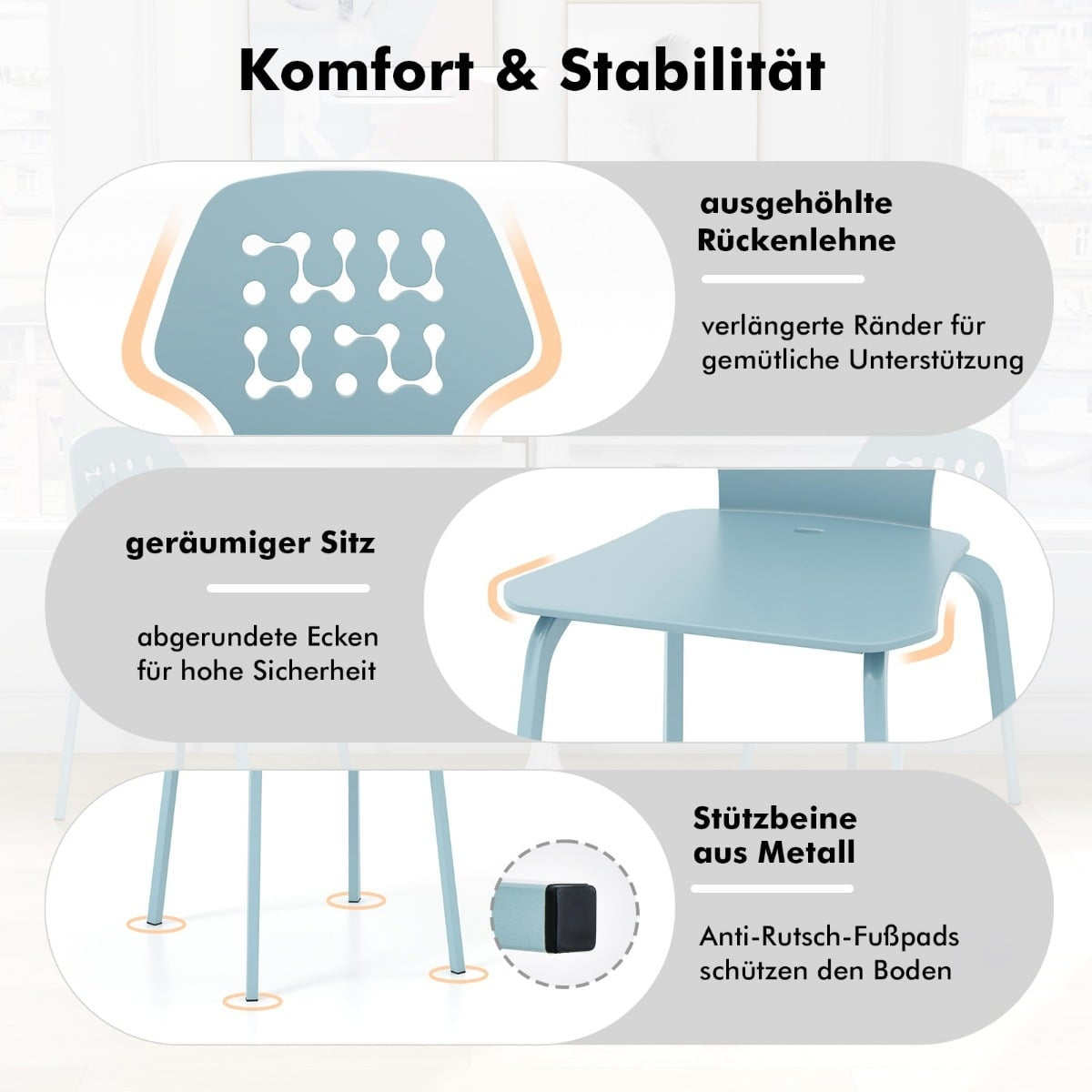 Metal Dining Chair Set of 4, Blue, Ergonomic Backrest