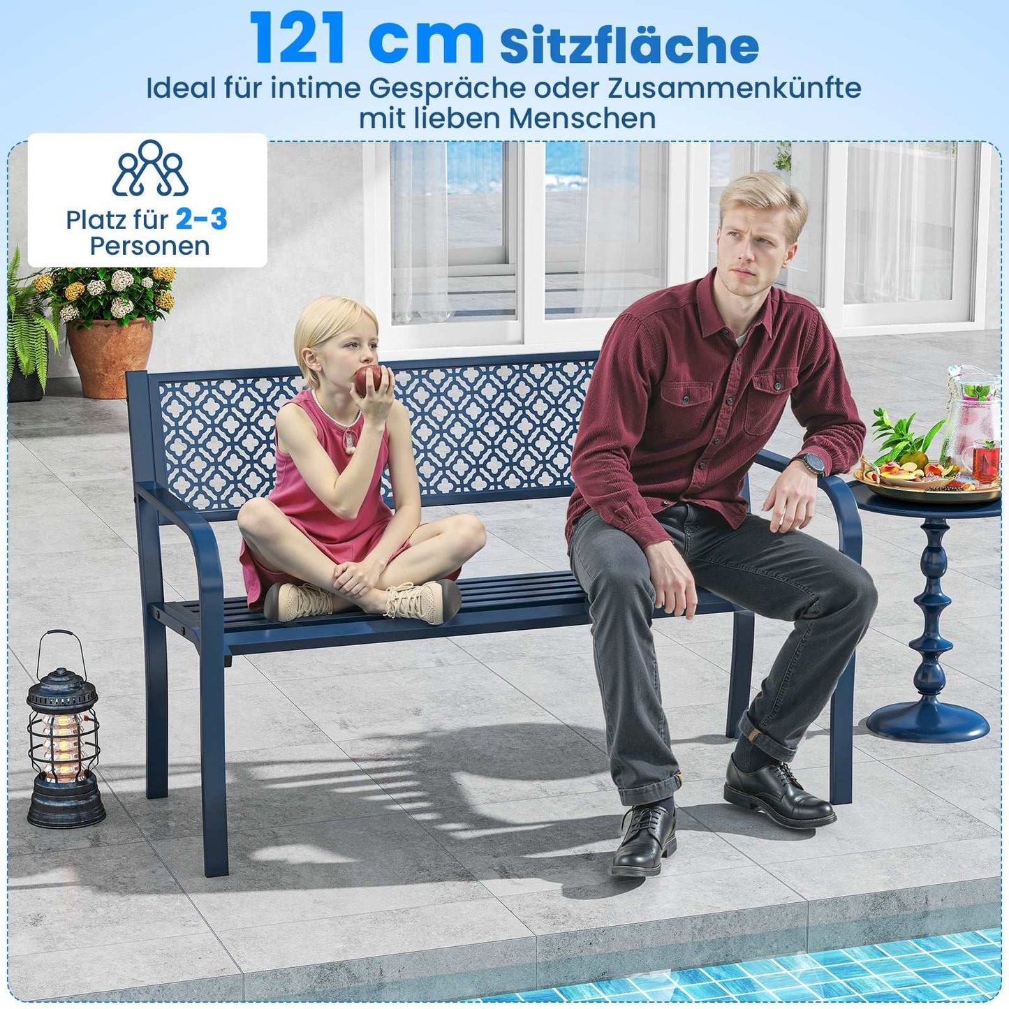 Metal Garden Bench, Weatherproof, Seats 2-3, Blue