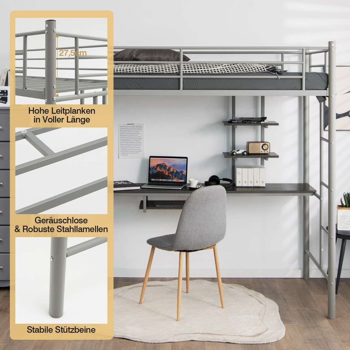 Metal Loft Bed with Desk, Ladders, and Guardrails - Silver
