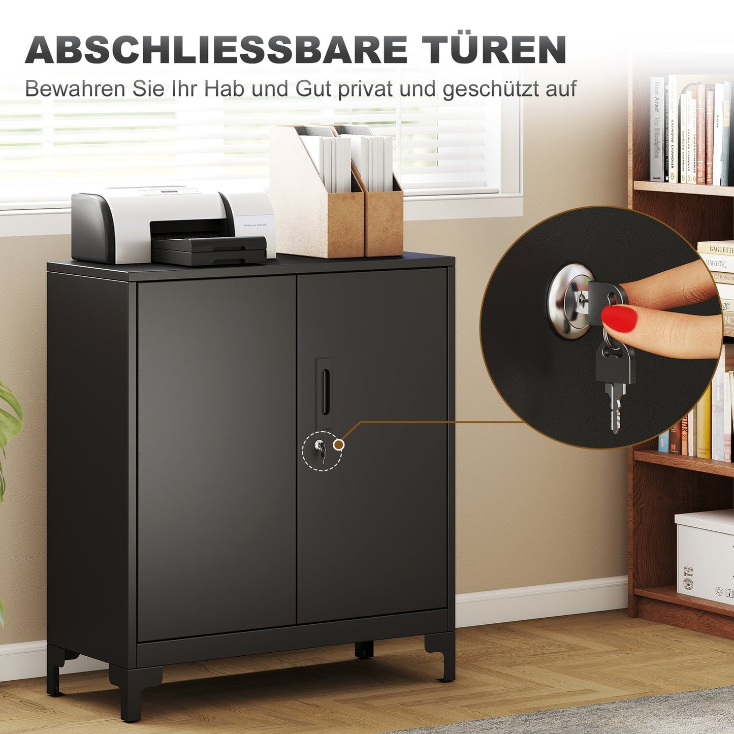 Metal Office Cabinet, Lockable Doors, 2-Tier, Black