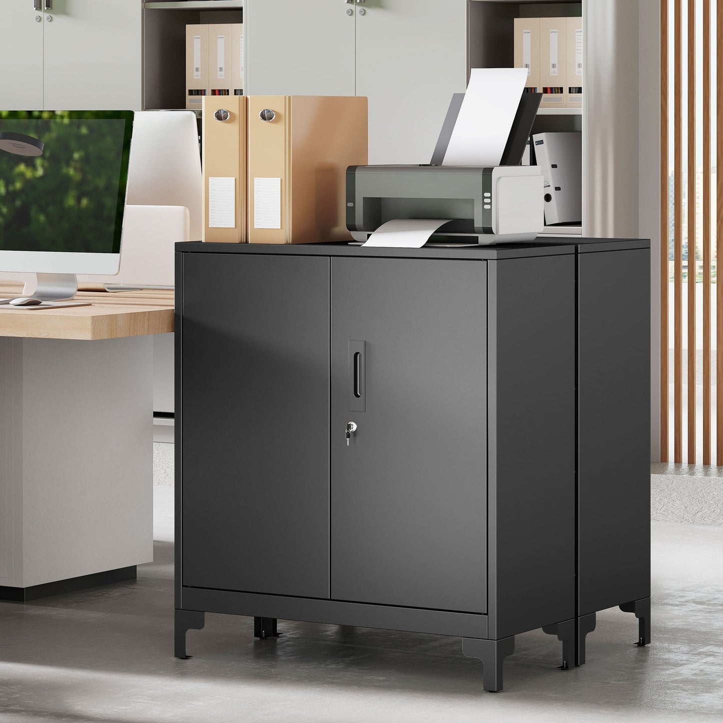 Metal Office Cabinet, Lockable Doors, 2-Tier, Black