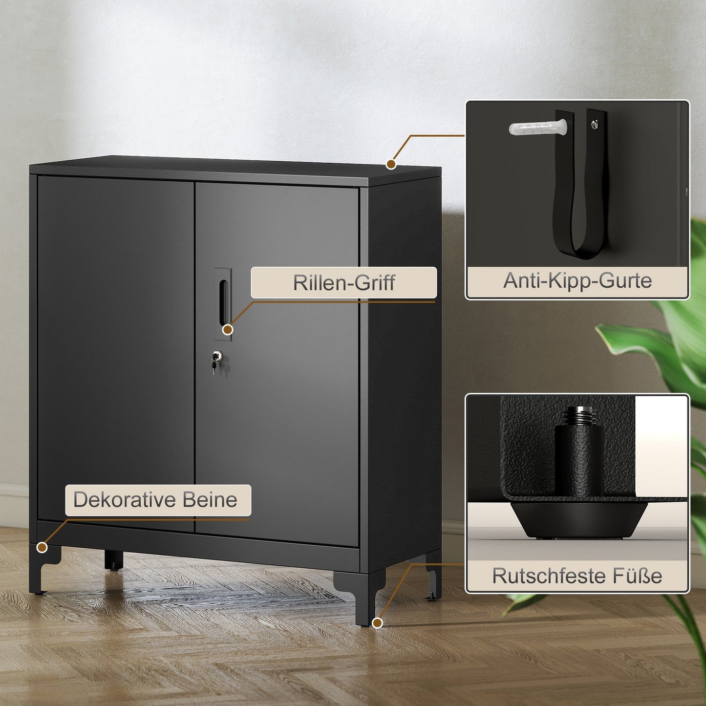 Metal Office Cabinet, Lockable Doors, 2-Tier, Black