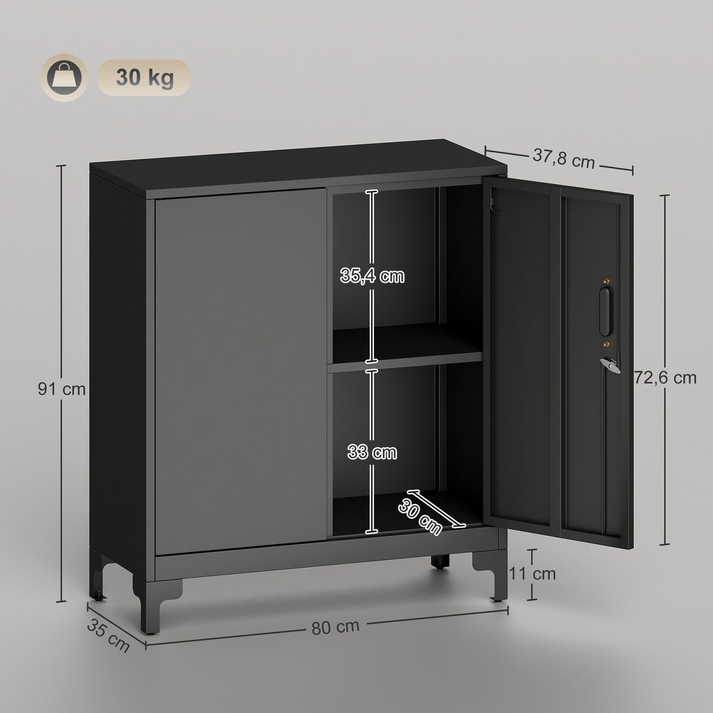 Metal Office Cabinet, Lockable Doors, 2-Tier, Black