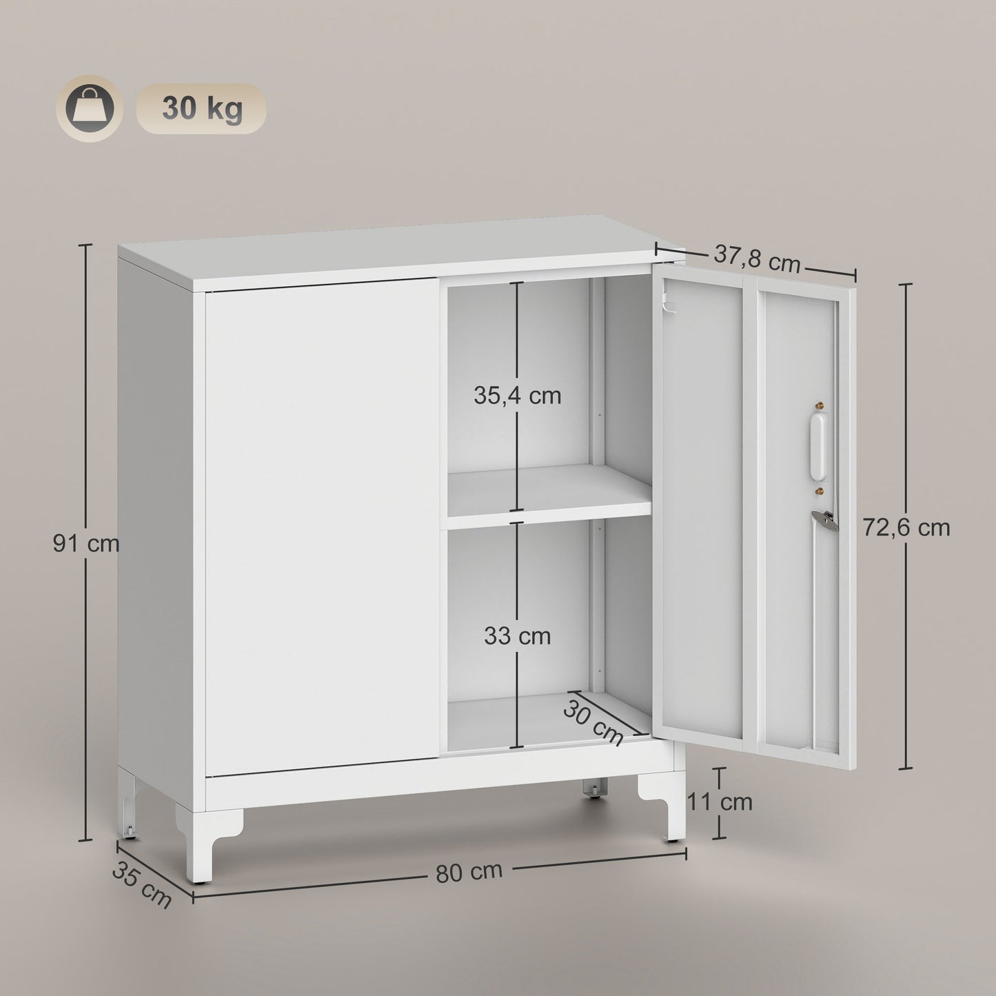 Metal Office Cabinet, Lockable Doors, 2-Tier, White