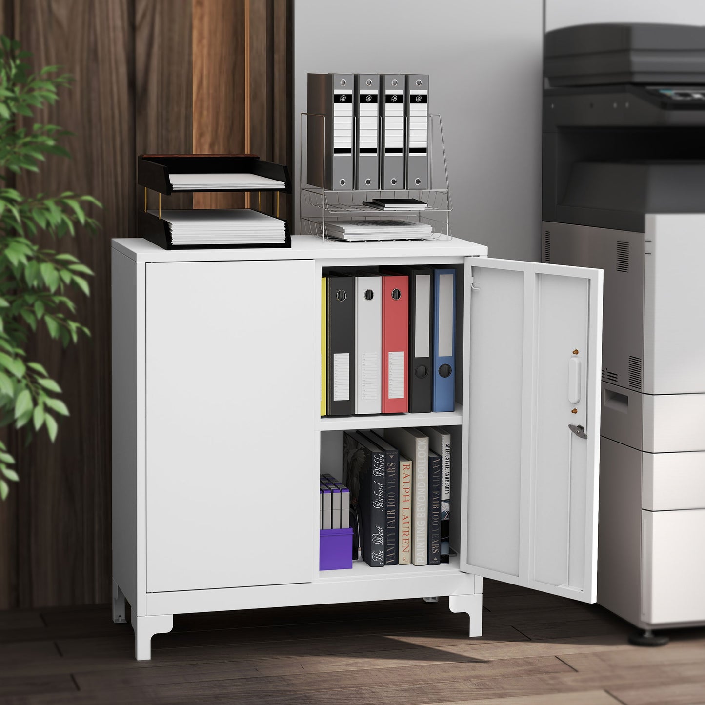 Metal Office Cabinet, Lockable Doors, 2-Tier, White