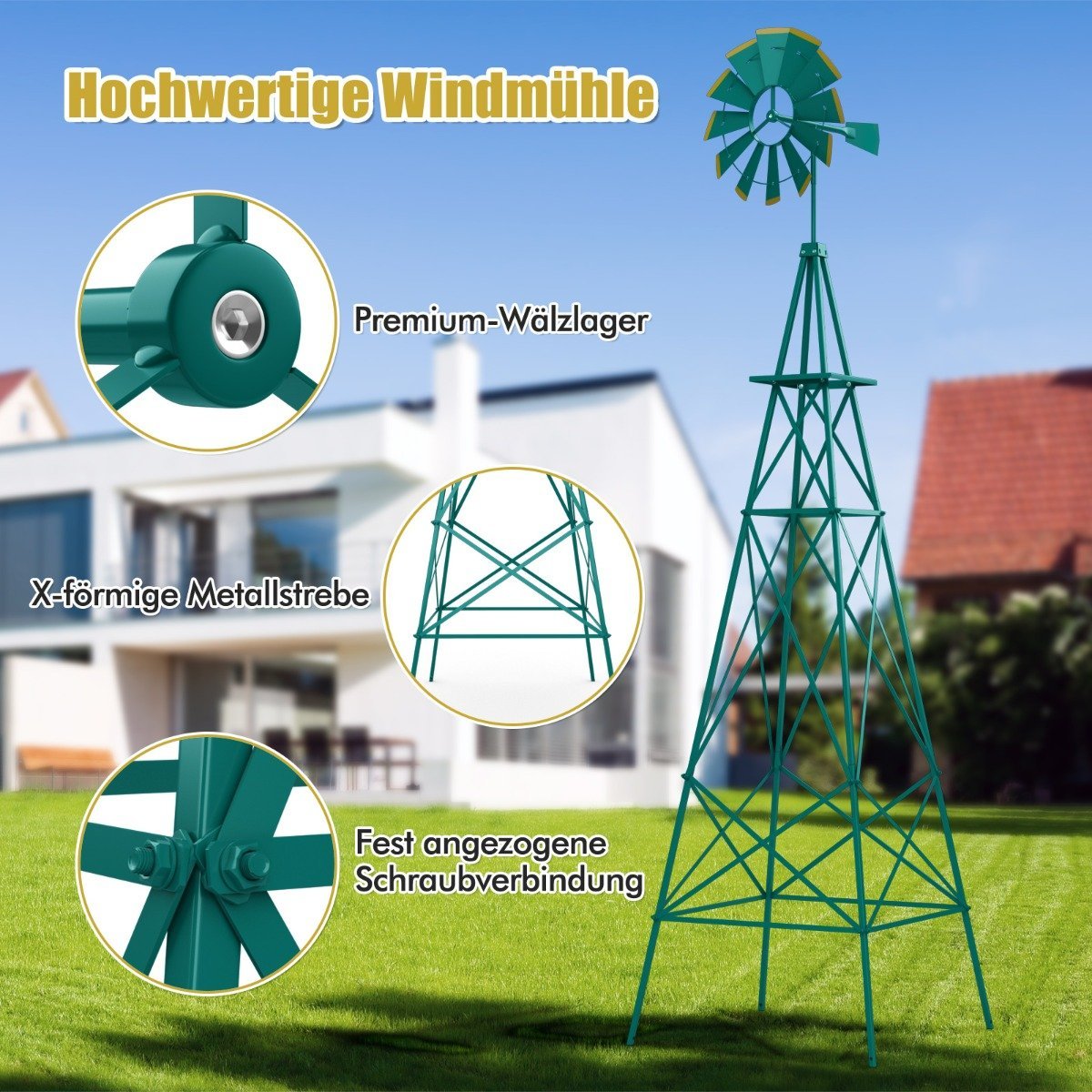 Metal Pinwheel with 4 Support Legs Weatherproof Windmill for Garden Yard 67 x 67 x 253 cm Green
